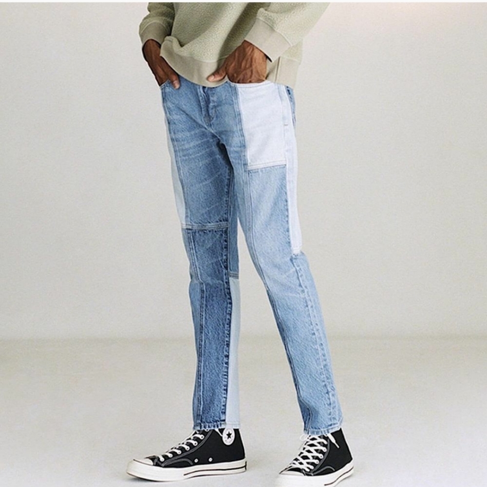 NWT PacSun Eco Indigo Wash Patchwork Slim Taper Jeans Men's Size (34 x 32)